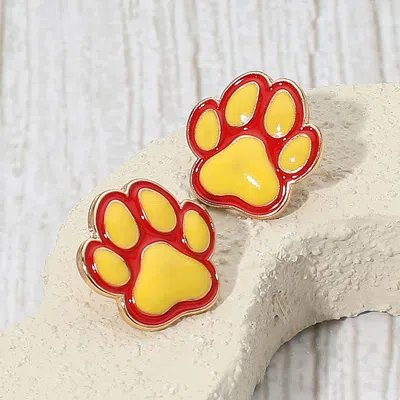 Fashnzfab Enamel Game Day Paw Stud Earrings - Red, Yellow