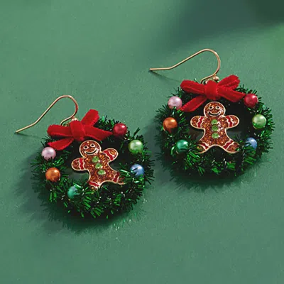 Fashnzfab Enamel Gingerbread Christmas Wreath Dangle Earrings In Gold