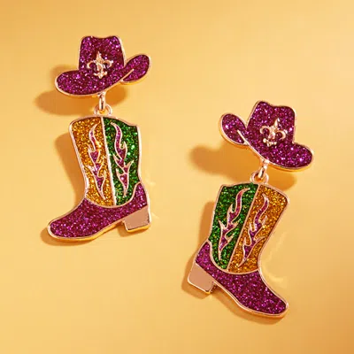 Fashnzfab Enamel Glitter Mardi Gras Western Hat Boot Drop Dangle Earrings In Purple
