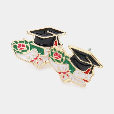 Fashnzfab Enamel Graduate Hat Flower Stud Earrings In Black