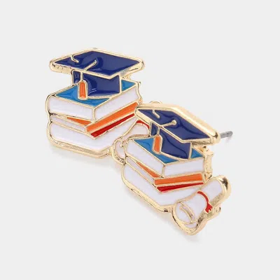Fashnzfab Enamel Graduation Hat Book Stud Earrings In Gold