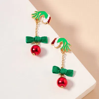 Fashnzfab Enamel Green Monster Hand Bow Bell Dropdown Earrings