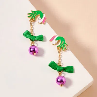 Fashnzfab Enamel Grinch Hand Bow Bell Dropdown Earrings - Pink