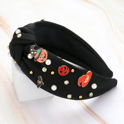 Fashnzfab Enamel Halloween Charm Stone Cluster Embellished Knot Headband In Black