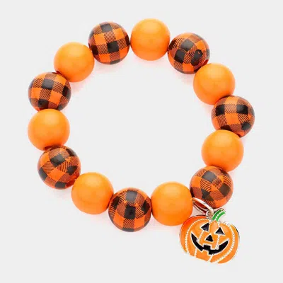 Fashnzfab Enamel Halloween Pumpkin Charm Pointed Wood Beaded Bracelet In Multi