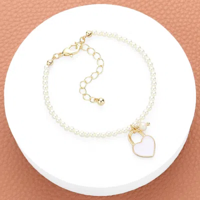 Fashnzfab Enamel Heart Charm Pendant Pearl Bracelet Gold, White In Multi