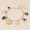 Fashnzfab Enamel Heart Coin Medallion Charm Station Paperclip Chain Bracelet Black, Matte Gold In Gold