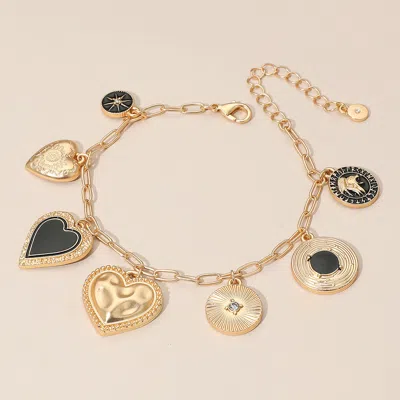 Fashnzfab Enamel Heart Coin Medallion Charm Station Paperclip Chain Bracelet Black, Matte Gold