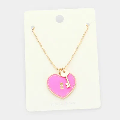 Fashnzfab Enamel Heart Lock Metal Key Pendant Necklace In Pink