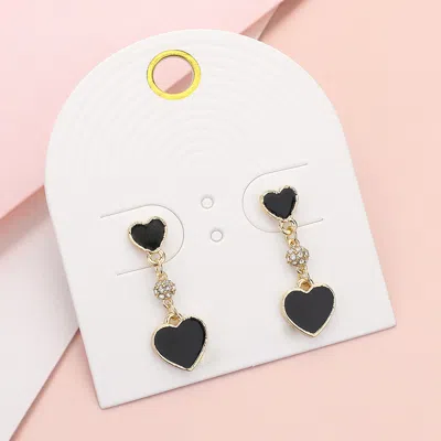 Fashnzfab Enamel Heart Mini Shamballa Ball Link Dropdown Dangle Earrings - Black, Gold