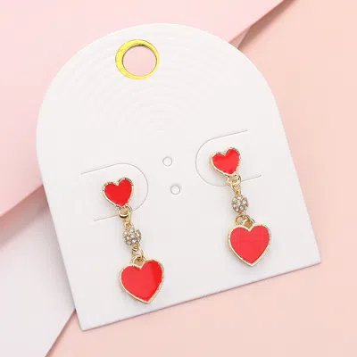 Fashnzfab Enamel Heart Mini Shamballa Ball Link Dropdown Dangle Earrings - Gold, Red