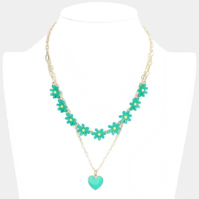 Fashnzfab Enamel Heart Pendant Flower Link Double Layered Necklace In Green
