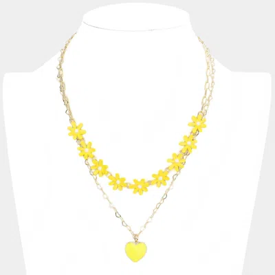 Fashnzfab Enamel Heart Pendant Flower Link Double Layered Necklace In Gold
