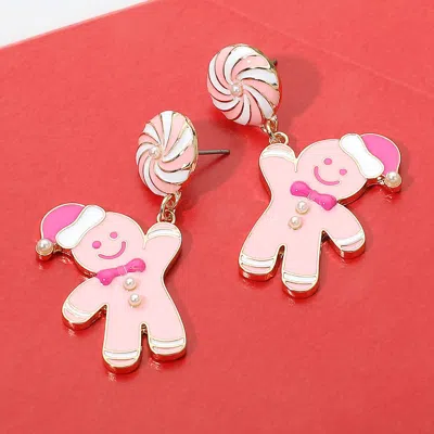 Fashnzfab Enamel Holiday Gingerbread Man Earrings - Pink