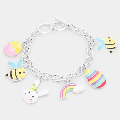 Fashnzfab Enamel Honey Bee Rainbow Bunny Easter Egg Charm Toggle Bracelet Multi, Silver