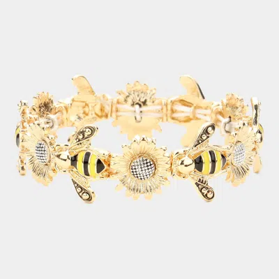 Fashnzfab Enamel Honey Bee Two Tone Sunflower Stretch Bracelet In Silver