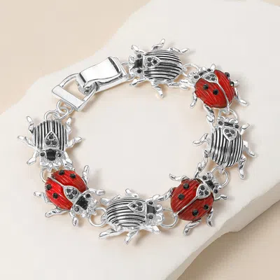 Fashnzfab Enamel Lady Bug Link Magnetic Bracelet Antique Silver, Red In Multi
