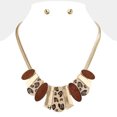 Fashnzfab Enamel Leopard Plate Wood Marquise Plate Link Pendant Pointed Herringbone Chain Necklace In Gold
