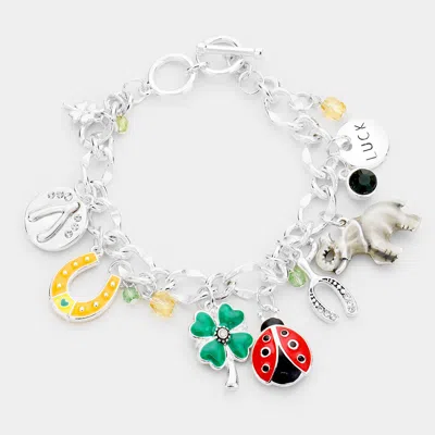 Fashnzfab Enamel Luck Multi Charm Charm Toggle Bracelet Antique Silver, Multi In Green