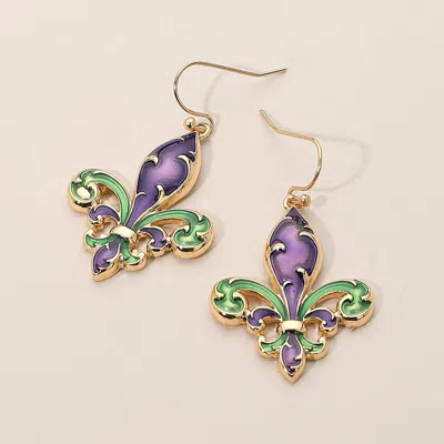 Fashnzfab Enamel Mardi Gras Fleur De Lis Dangle Earrings - Gold, Multi