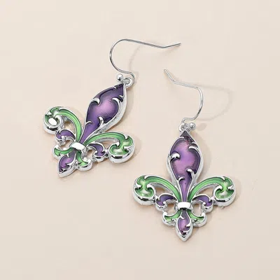 Fashnzfab Enamel Mardi Gras Fleur De Lis Dangle Earrings - Multi, Silver In Gray