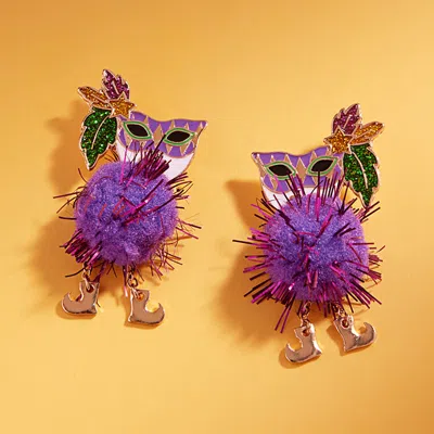 Fashnzfab Enamel Mardi Gras Mask Pom Shoes Drop Earrings - Gold, Multi