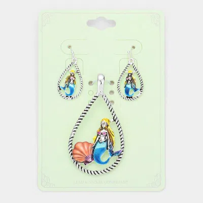 Fashnzfab Enamel Mermaid Shell Accented Open Teardrop Pendant Set - Antique Silver, Multi In Green