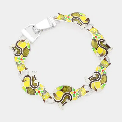 Fashnzfab Enamel Metal Cat Magnetic Bracelet Antique Silver, Yellow In Multi