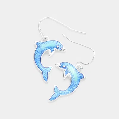 Fashnzfab Enamel Metal Dolphin Dangle Earrings - Blue, Silver