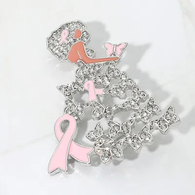 Fashnzfab Enamel Metal Pink Ribbon Pointed Butterfly Cluster Dress Afro Girl Pin Brooch In Metallic