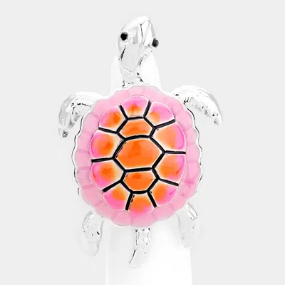 Fashnzfab Enamel Metal Turtle Stretch Ring - Antique Silver, Pink In Multi