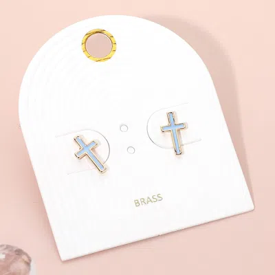 Fashnzfab Enamel Mini Cross Stud Earrings - Blue, Gold In White