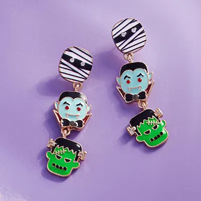 Fashnzfab Enamel Mummy Dracula Frankenstein Link Dropdown Earrings In Gold