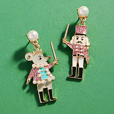 Fashnzfab Enamel Nutcracker Mouse King Dangle Earrings - Pink