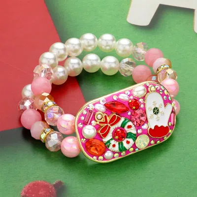 Fashnzfab Enamel Pearl Stone Embellished Christmas Plate Pointed Pearl Faceted Beaded Stretch Bracelet Gold, M In Multi