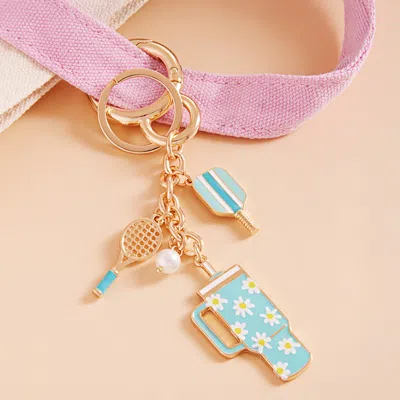 Fashnzfab Enamel Pickleball Paddle Daisy Floral Pattern Tumbler Back Engraved Keychain / Bag Charm In Multi