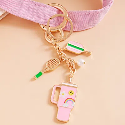 Fashnzfab Enamel Pickleball Paddle Rainbow Smile Tumbler Back Engraved Keychain / Bag Charm In Pink