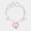Fashnzfab Enamel Pink Ribbon Centered Stone Embellished Open Heart Charm Toggle Bracelet Pink In Pink