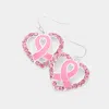 Fashnzfab Enamel Pink Ribbon Centered Stone Embellished Open Heart Dangle Earrings In Pink