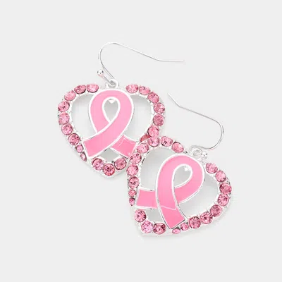 Fashnzfab Enamel Pink Ribbon Centered Stone Embellished Open Heart Dangle Earrings