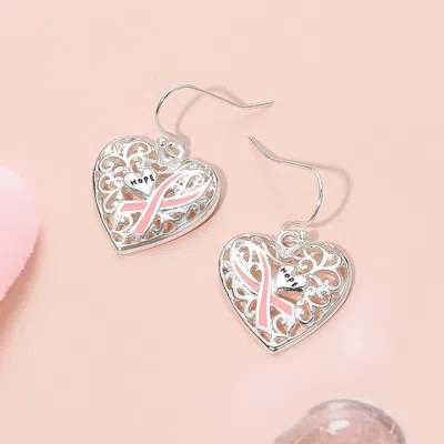 Fashnzfab Enamel Pink Ribbon Hope Message Cutout Heart Dangle Earrings In White