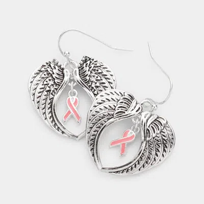 Fashnzfab Enamel Pink Ribbon Pointed Angel Wings Dangle Earrings In Multi