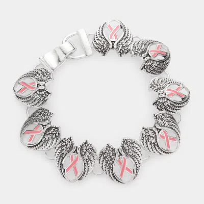 Fashnzfab Enamel Pink Ribbon Pointed Angel Wings Link Magnetic Bracelet Antique Silver In Multi