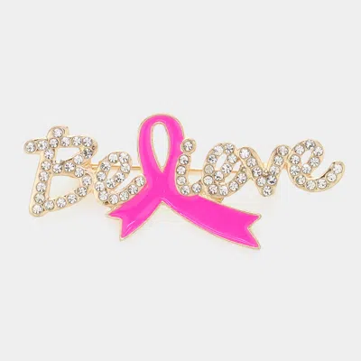 Fashnzfab Enamel Pink Ribbon Pointed Stone Paved Believe Message Pin Brooch 2.4" X 1" In Gold