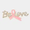 Fashnzfab Enamel Pink Ribbon Pointed Stone Paved Believe Message Pin Brooch In Gold