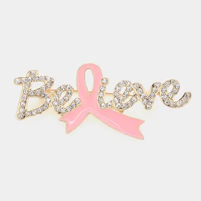 Fashnzfab Enamel Pink Ribbon Pointed Stone Paved Believe Message Pin Brooch In Gold