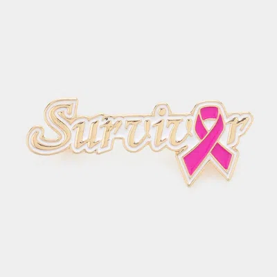 Fashnzfab Enamel Pink Ribbon Pointed Survivor Message Pin Brooch In Gold
