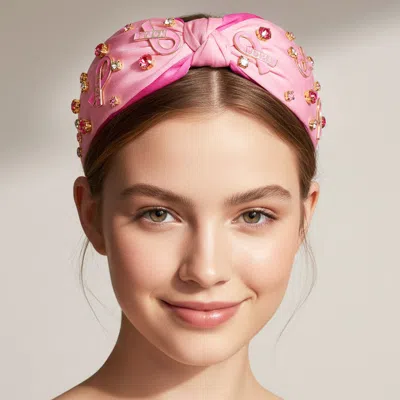 Fashnzfab Enamel Pink Ribbon Stone Cluster Embellished Knot Headband