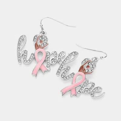 Fashnzfab Enamel Pink Ribbon Stone Paved Hope Message Dangle Earrings - Pink, Rhodium In Metallic