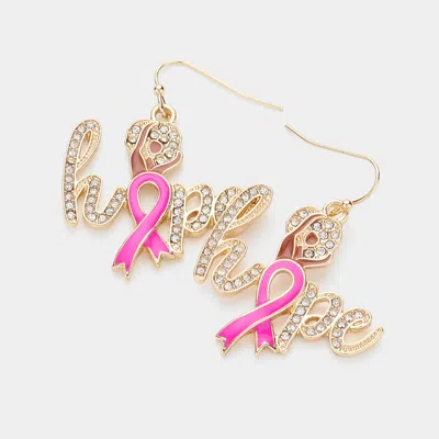 Fashnzfab Enamel Pink Ribbon Stone Paved Hope Message Dangle Earrings In Multi